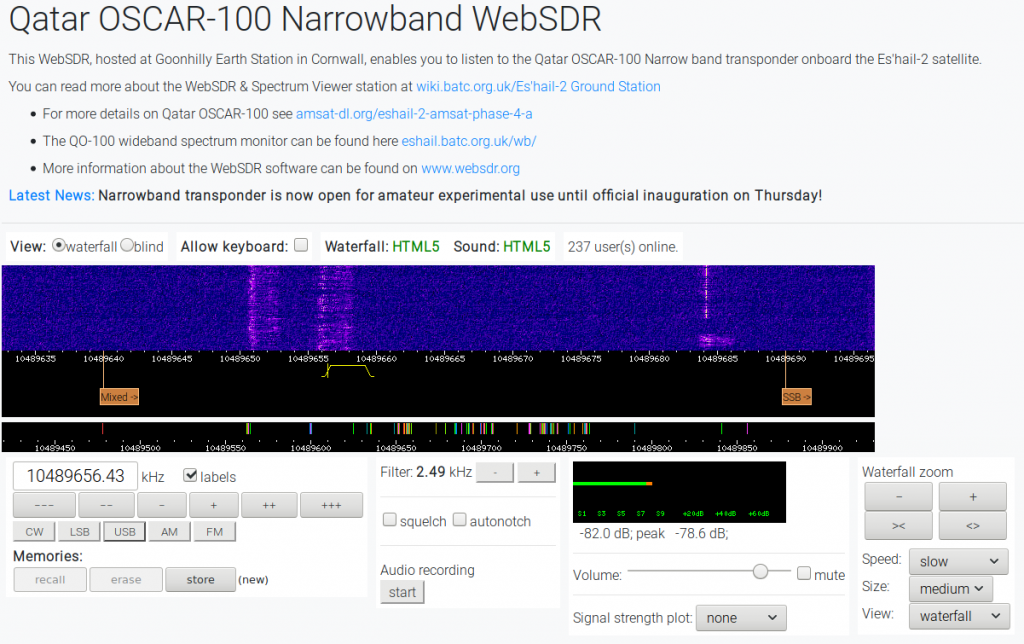 Qatar OSCAR-100 Narrowband WebSDR zum reinhören